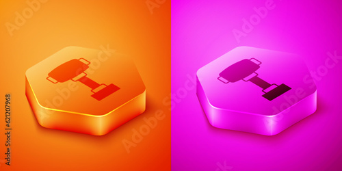 Isometric Gear shifter icon isolated on orange and pink background. Manual transmission icon. Hexagon button. Vector