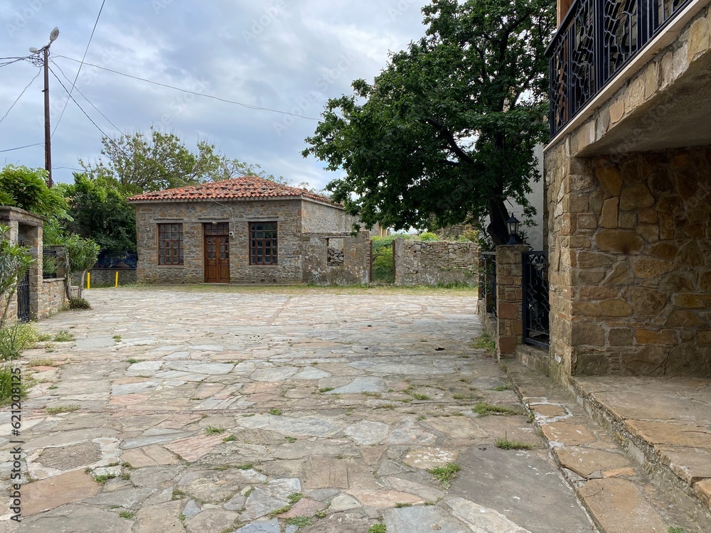 Gokceada, Canakkale, Turkey - May 18, 2023; village square view from Bademli in Gokceada. Gokceada is the largest island of Turkey and Bademli is one of the well protected Greek villages on the island