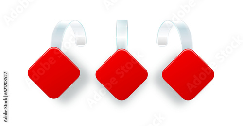 Advertising sale wobbler on bended transparent stripe. round point tag for supermarket sales wobblers on store shelves vector template 3d illustration isolated realistic. Vector