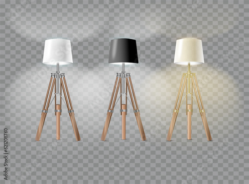 Realistic floor lamp. modern electric torchere with light isolated on transparent background. illustration light furniture set for illumination interior. Vector