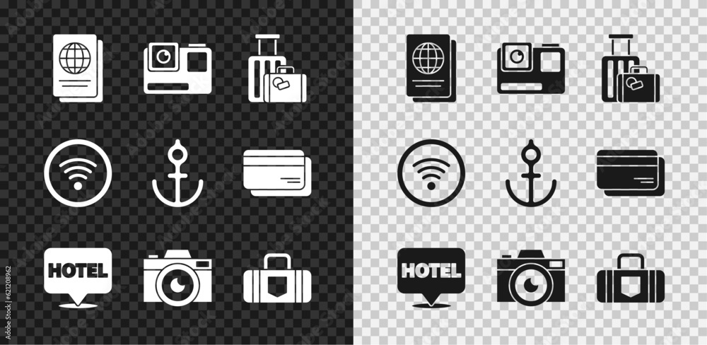 Set Passport, Action extreme camera, Suitcase, Location hotel, Photo, Wi-Fi wireless internet network and Anchor icon. Vector Set Passport, Action extreme camera, Suitcase, Location hotel, Photo, Wi-Fi wireless internet network and Anchor icon. Vector