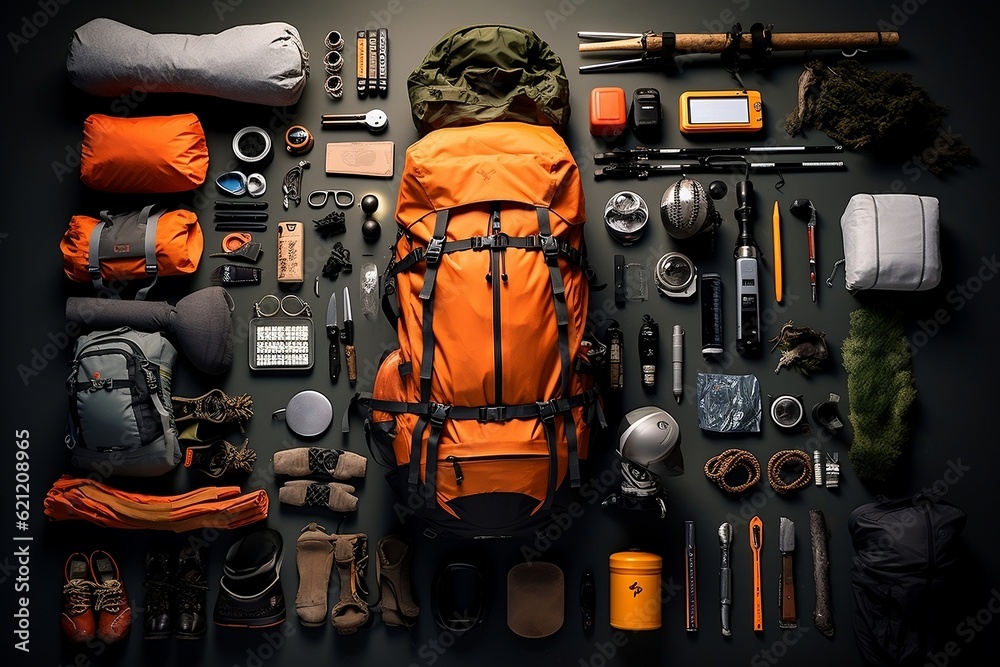 Must-have gear for wilderness mountain adventures, Generative Ai - obrazy, fototapety, plakaty 