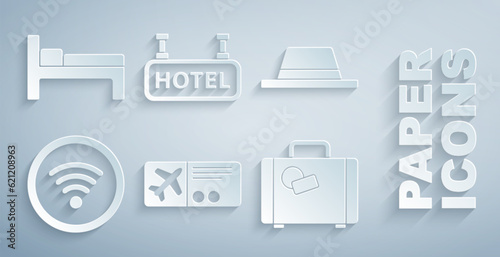 Set Airline ticket, Man hat with ribbon, Wi-Fi wireless internet network, Suitcase, Signboard text Hotel and Bed icon. Vector
