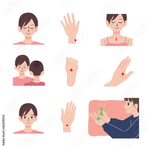 リラックスをするツボを押す女性のイラストセット
