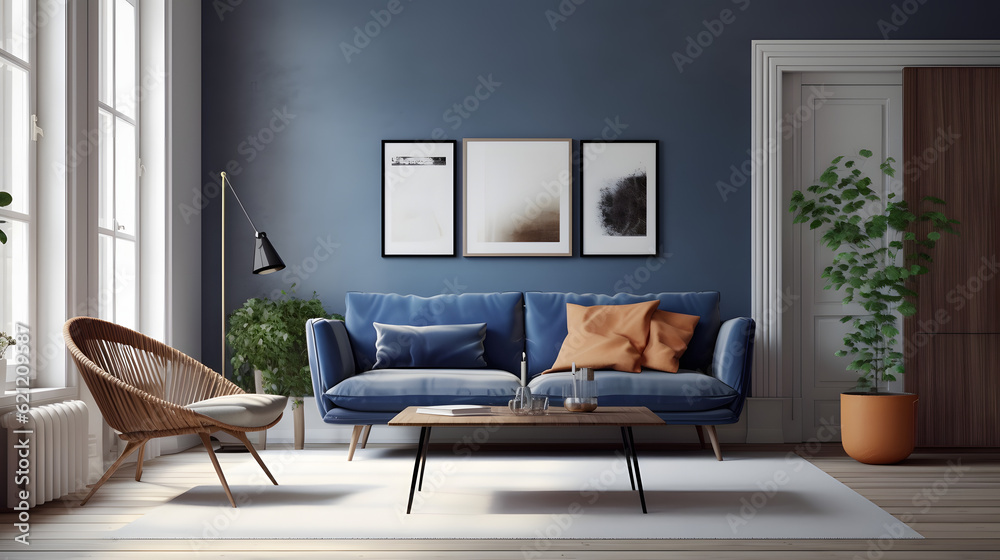 Dark blue sofa and recliner chair in scandinavian apartment. Interior ...