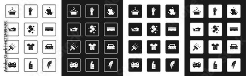 Set Water spill, Soap water bubbles, Temperature wash, Towel on hanger, Sponge, Rubber gloves, Brush for cleaning and cleaner windows icon. Vector