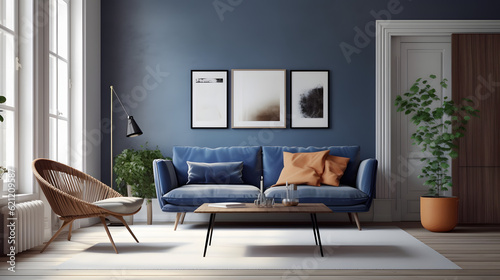 Dark blue sofa and recliner chair in scandinavian apartment. Interior design of modern living room. Created with generative photo