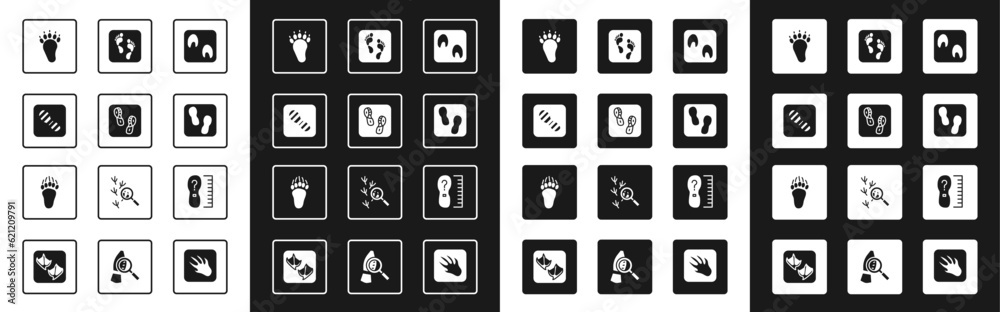 Set Horse paw footprint, Human footprints shoes, Bear, Square measure size and icon. Vector Set Horse paw footprint, Human footprints shoes, Bear, Square measure size and icon. Vector