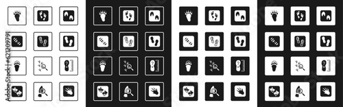 Set Horse paw footprint, Human footprints shoes, Bear, Square measure size and icon. Vector