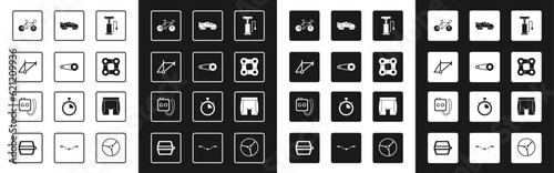Set Bicycle air pump, chain with gear, frame, shoes, Cycling shorts and Stopwatch icon. Vector