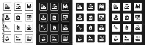 Set Say no to plastic bags poster, Global warming, Petrol or gas station, Wastewater, Weather forecast, Drought, Deforestation and Dead fish icon. Vector