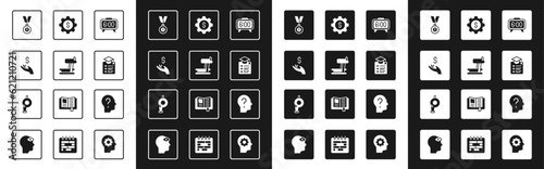Set Digital alarm clock, Treadmill machine, Hand holding coin money, Medal, Online education, Gear with dollar, Head question mark and Whistle icon. Vector