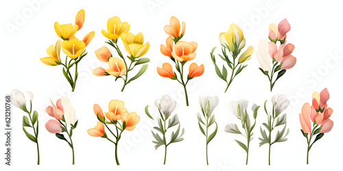 Set of freesia flowers isolated on white