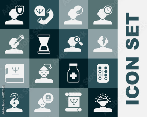 Set Concussion, headache, Sedative pills, Solution problem in psychology, Yin Yang symbol, Old hourglass, Addiction to the drug, Psychology and Finding icon. Vector