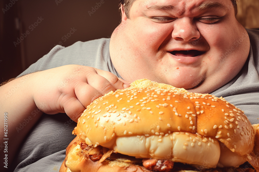 Very fat man with a big burger. Obese man with hamburger. The concept of obesity and overeating. Very fat man with a big burger. Obese man with hamburger. The concept of obesity and overeating.