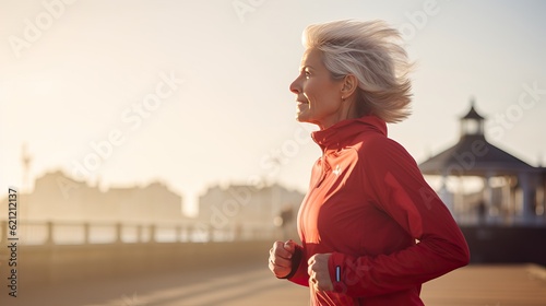 she\'s 50 year old, healthy women smiling in a Sport wear, Smartwatch. fast and hard running outside on sunny day. full-body photo Hyperreal photography