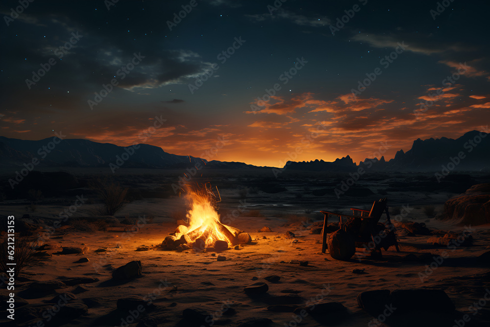 A Serene Desert Campfire at Sunset