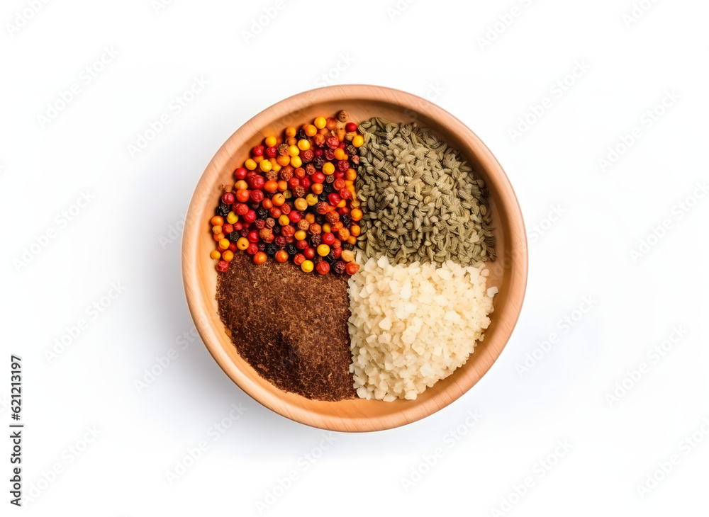 mixed spices in a wooden bowl isolated on white, top view, cardamom, red and mixed pepper and seeds mixed spices in a wooden bowl isolated on white, top view, cardamom, red and mixed pepper and seeds