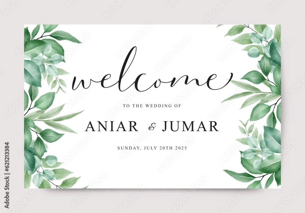 Wedding welcome sign with watercolor leaves