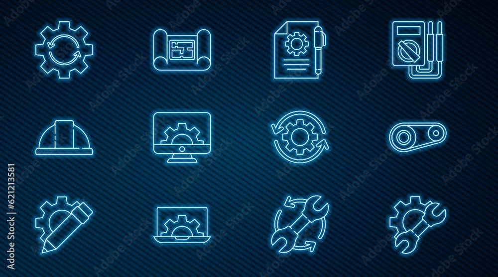 Set line Wrench spanner and gear, Timing belt kit, Document settings pen, Computer monitor, Worker safety helmet, Gear arrows as workflow, and House plan icon. Vector