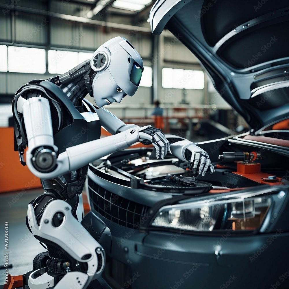 Robot mechanic repairing a car. AI-generated. AI-generated, 