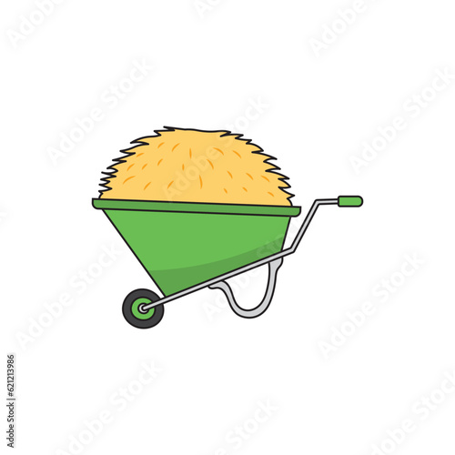 Kids drawing Cartoon Vector illustration cute Wheelbarrow full of hay farm dry grass icon Isolated on White Background