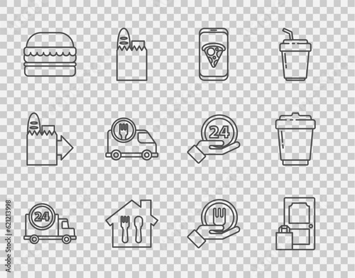 Set line Fast delivery by car, Online ordering and, Food pizza, Burger, and Coffee cup to go icon. Vector