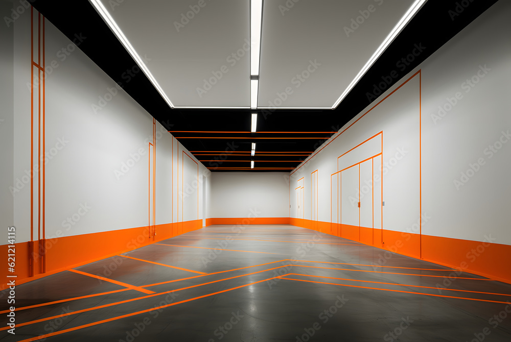 Empty corridor in the office, red stripe lines floor