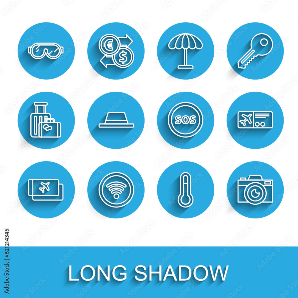 Set line Airline ticket, Wi-Fi wireless internet network, Ski goggles, Meteorology thermometer, Photo camera, Man hat with ribbon, and Location SOS icon. Vector
