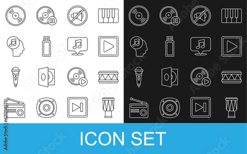 Set line Drum, Play in square, Speaker mute, USB flash drive, Musical note human head, Vinyl disk and speech bubble icon. Vector
