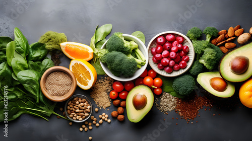 Healthy food clean eating selection: fruit, vegetable, seeds, superfood, cereal, leaf vegetable on gray concrete background