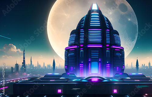 Futuristic city of the future in blue shades of the building against the background of a huge moon ,Generative AI