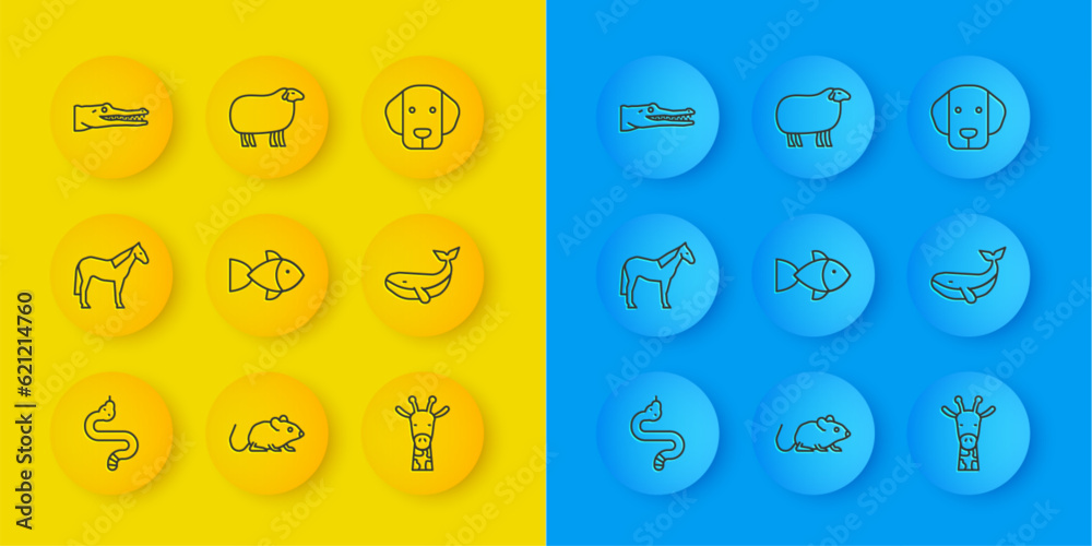 Set line Snake, Horse, Fish, Giraffe head, Whale, Crocodile, Dog and Sheep icon. Vector Set line Snake, Horse, Fish, Giraffe head, Whale, Crocodile, Dog and Sheep icon. Vector