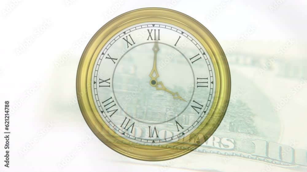 Animation of clock ticking over american dollar currency banknote Animation of clock ticking over american dollar currency banknote