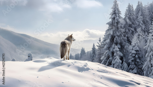 a grey wolf stands in the snow 
