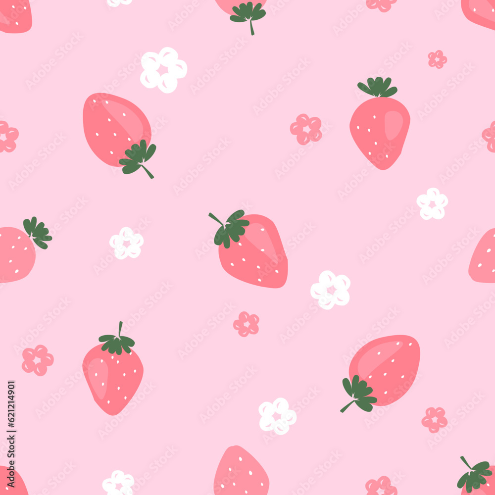 Seamless pattern of strawberry with green leaves and cute flower on pink background vector illustration. Cute fruit print. Seamless pattern of strawberry with green leaves and cute flower on pink background vector illustration. Cute fruit print.