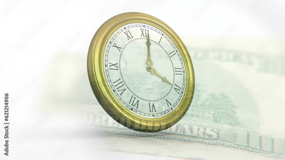 Animation of clock ticking over american dollar currency banknote Animation of clock ticking over american dollar currency banknote