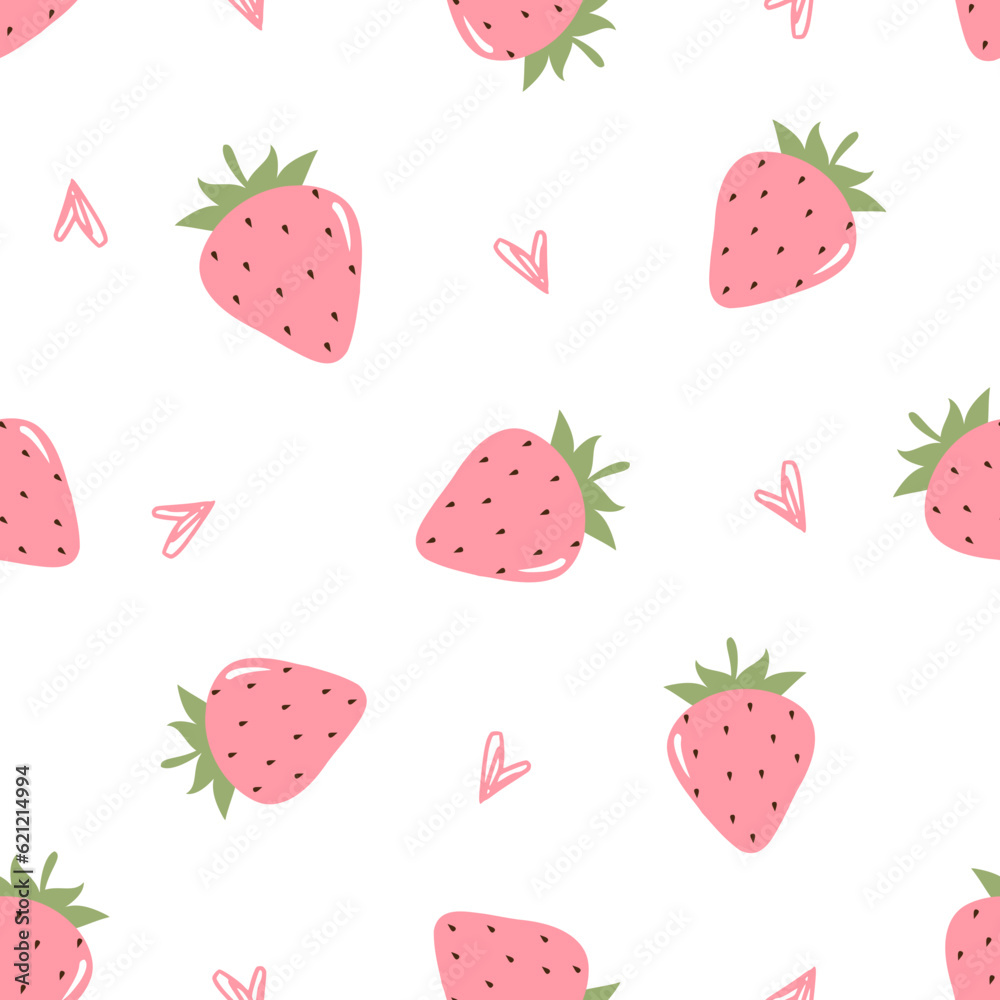 Seamless pattern of strawberry with green leaves and hand drawn hearts on white background vector illustration. Cute fruit print. Seamless pattern of strawberry with green leaves and hand drawn hearts on white background vector illustration. Cute fruit print.