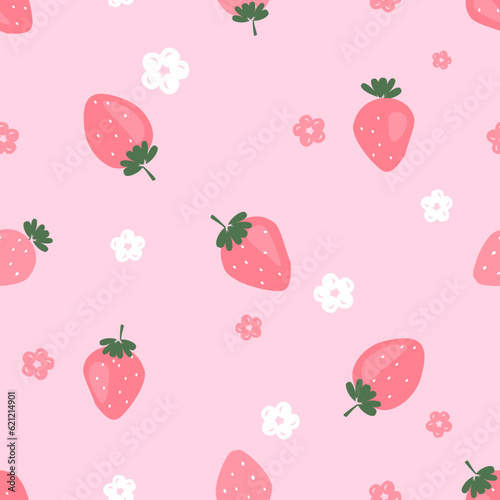 Seamless pattern of strawberry with green leaves and cute flower on pink background vector illustration. Cute fruit print.