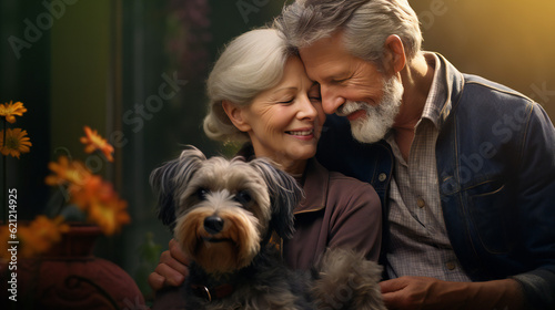 Portrait of a Senior Couple with their Dog, embracing, enjoying Life