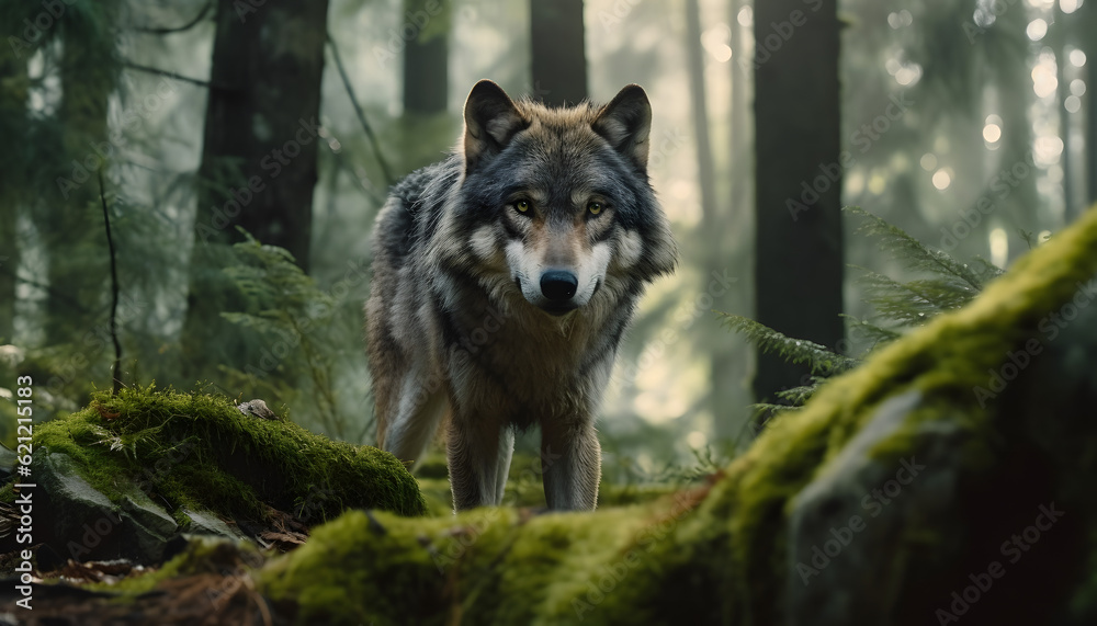 a grey wolf stands in wood looking at the camera