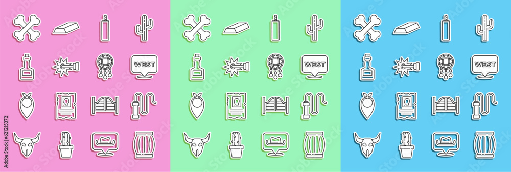 Set line Gun powder barrel, Leather whip, Pointer to wild west, Dynamite bomb, Spur, Tabasco sauce, Crossed human bones and Dream catcher with feathers icon. Vector Set line Gun powder barrel, Leather whip, Pointer to wild west, Dynamite bomb, Spur, Tabasco sauce, Crossed human bones and Dream catcher with feathers icon. Vector