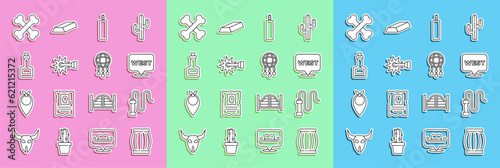 Wallpaper Mural Set line Gun powder barrel, Leather whip, Pointer to wild west, Dynamite bomb, Spur, Tabasco sauce, Crossed human bones and Dream catcher with feathers icon. Vector Torontodigital.ca