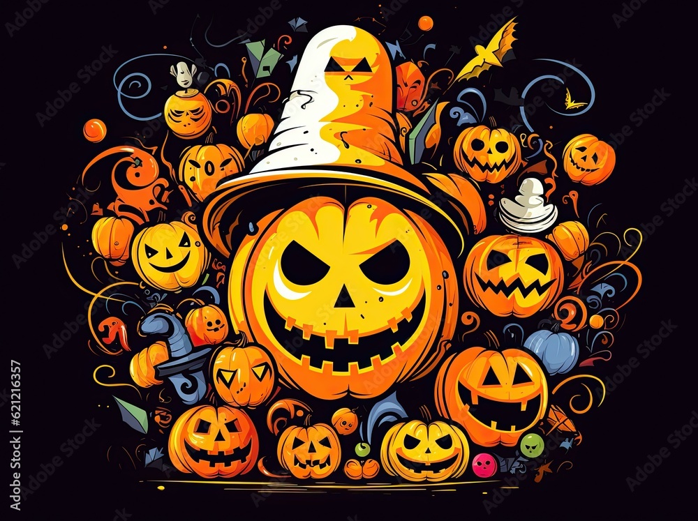 halloween holiday concept. Halloween decorations, pumpkins, bats, ghosts on orange background. Halloween party greeting card halloween holiday concept. Halloween decorations, pumpkins, bats, ghosts on orange background. Halloween party greeting card
