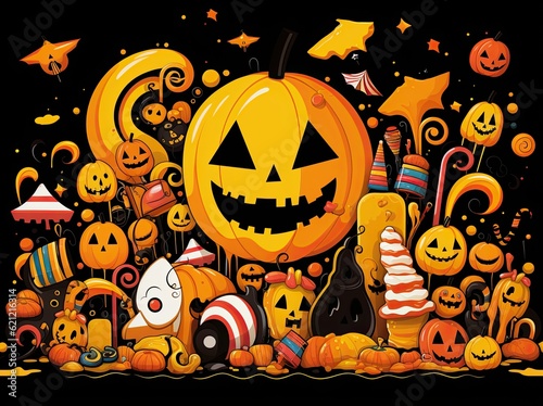 halloween holiday concept. Halloween decorations  pumpkins  bats  ghosts on orange background. Halloween party greeting card