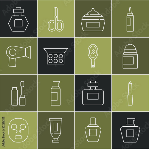 Set line Cream or lotion cosmetic tube, Nail file, Antiperspirant deodorant roll, Makeup powder with mirror, Hair dryer, Perfume and Hand icon. Vector