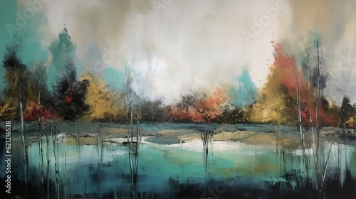 Abstract watercolor painting of a forest with trees and lake in autumn. Generative AI. © Aga Bak