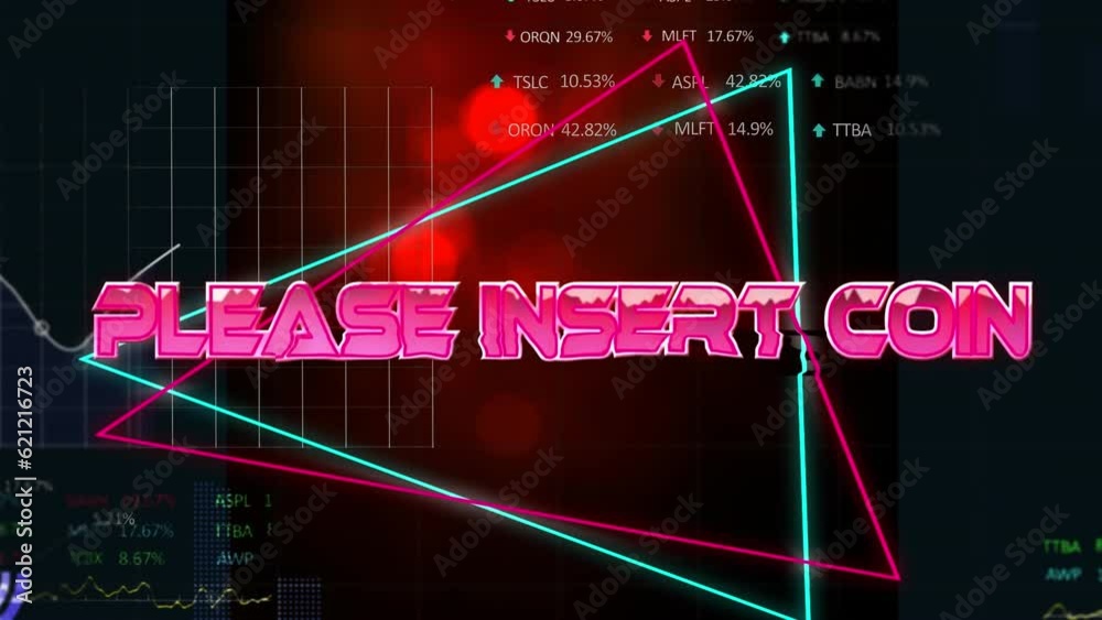 Animation of please insert coin over neon shapes and data processing