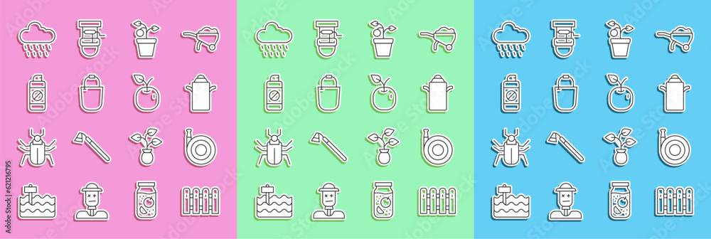 Set line Garden fence wooden, hose, Can container for milk, Plant pot, Bucket, sprayer fertilizer, Cloud with rain and Apple icon. Vector Set line Garden fence wooden, hose, Can container for milk, Plant pot, Bucket, sprayer fertilizer, Cloud with rain and Apple icon. Vector
