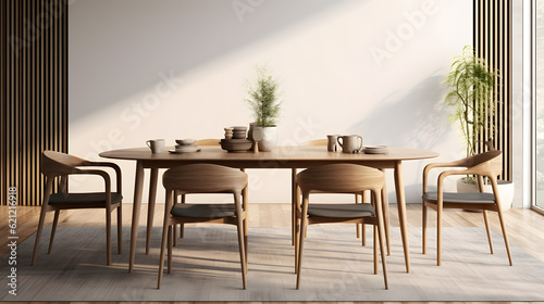 Interior design of modern dining room, dining table and wooden chairs. 3d rendering © Prasanth